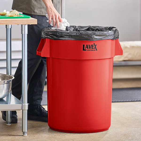 Lavex 20 Gallon Red Round Commercial Trash Can with Lid and Dolly
