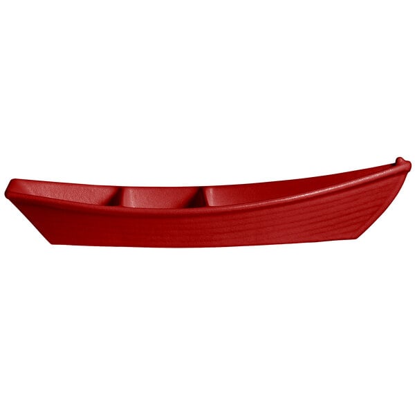 A fire red G.E.T. Enterprises deep boat with dividers.