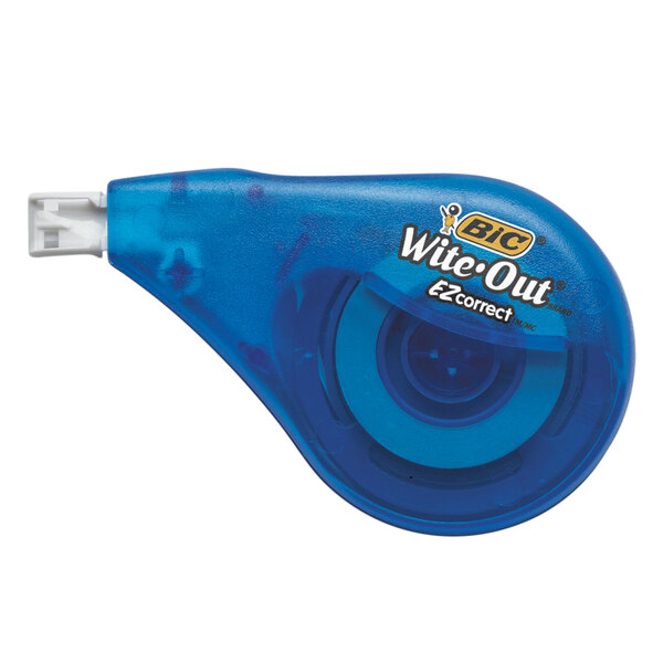 A blue Bic Wite-Out tape dispenser with white text.