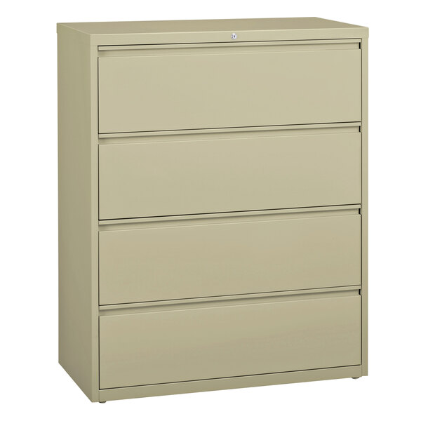 A tan Hirsh Industries lateral file cabinet with four drawers.