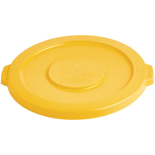 A yellow plastic lid with a handle for a Lavex 20 gallon round commercial trash can.