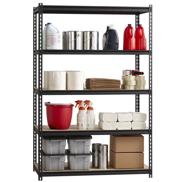 Hirsh Industries 20994 48" x 24" x 72" Black Crinkle Heavy-Duty Five-Shelf Boltless Shelving Unit with Particleboard Decking