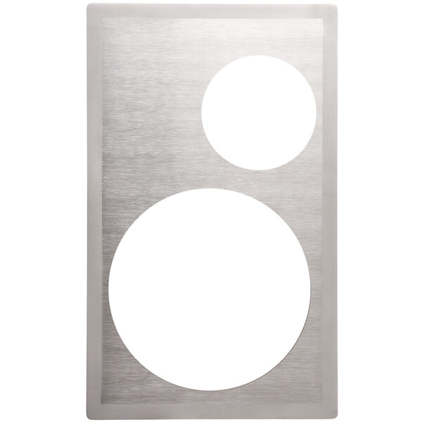 A silver rectangular stainless steel adapter plate with two circles.
