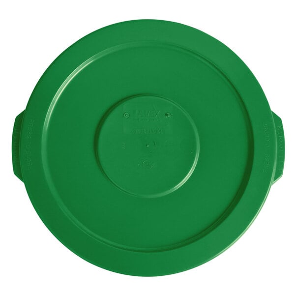 A green plastic lid for a Lavex 10 gallon round commercial trash can.