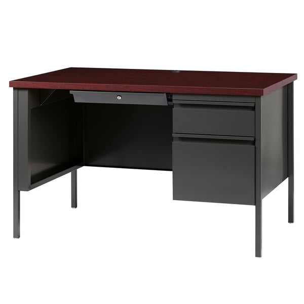 A charcoal Hirsh Industries single pedestal desk with a drawer.