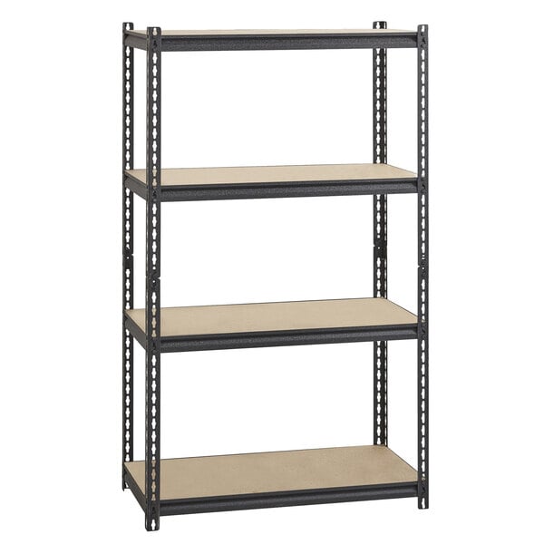 Hirsh Industries 20991 36" x 18" x 60" Black Crinkle Heavy-Duty Four-Shelf Boltless Shelving Unit with Particleboard Decking