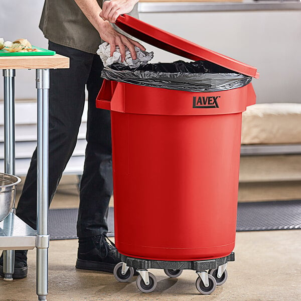 Lavex 32 Gallon Red Round Commercial Trash Can with Lid and Dolly