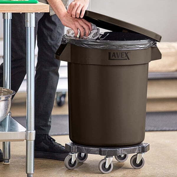 Lavex 20 Gallon Brown Round Commercial Trash Can with Lid and Dolly