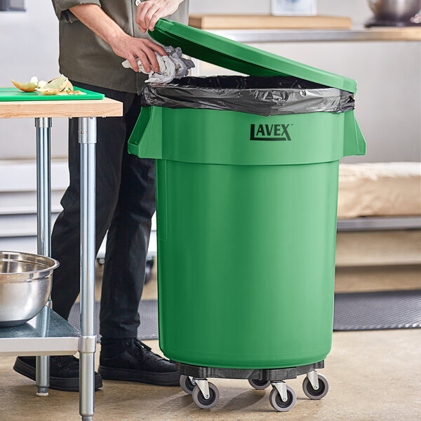 Lavex 44 Gallon Green Round Commercial Trash Can with Lid and Dolly