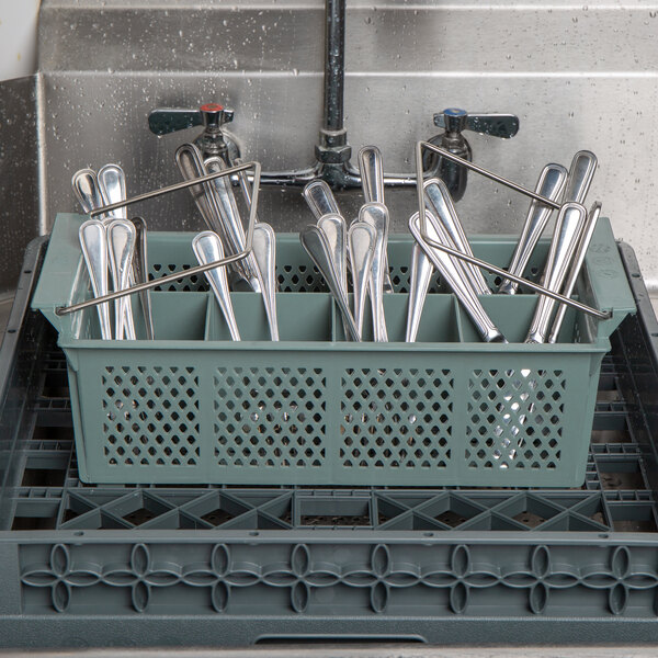 A Noble Products half size grey flatware rack with spoons and forks in it.