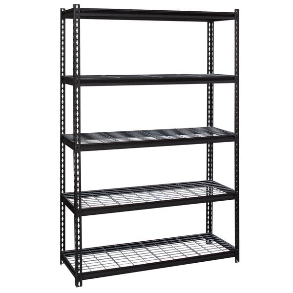 Hirsh Industries 22131 48" x 18" x 72" Black Crinkle Heavy-Duty Five-Shelf Boltless Shelving Unit with Wire Decking