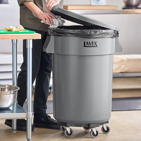 Lavex 44 Gallon Gray Round Commercial Trash Can with Lid and Dolly