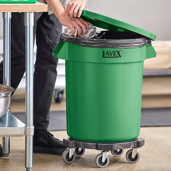 Lavex Green Round Commercial Trash Can with Lid and Dolly