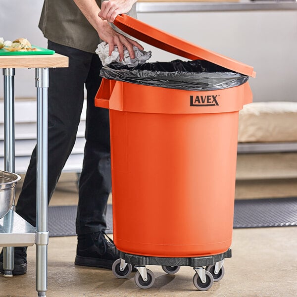 Lavex 32 Gallon Orange Round High Visibility Commercial Trash Can with Lid and Dolly