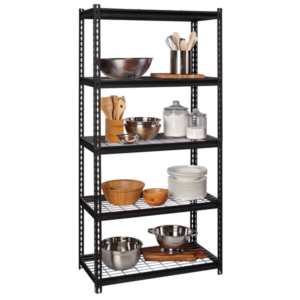 A black Hirsh Industries boltless shelving unit with wire decking holding various kitchen utensils.