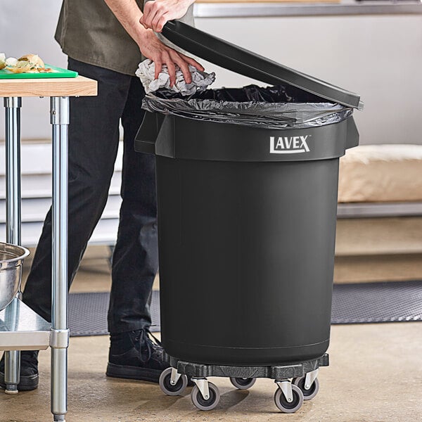 Lavex 32 Gallon Black Round Commercial Trash Can with Lid and Dolly