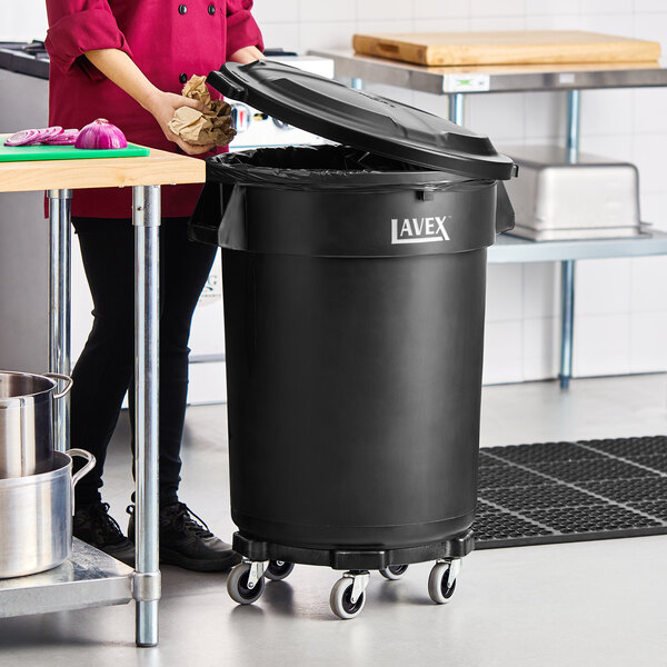 Lavex 32 Gallon Black Round Commercial Trash Can with Lid and Dolly