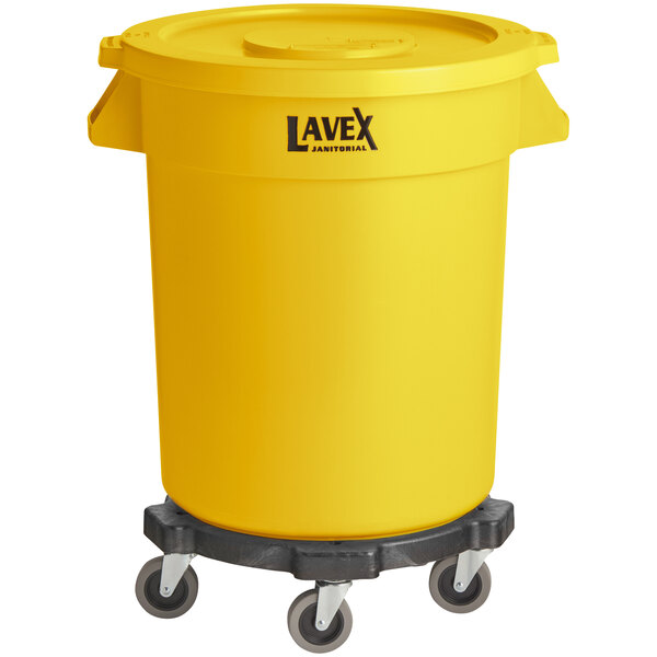 Lavex 32 Gallon Yellow Round Commercial Trash Can with Lid and Dolly