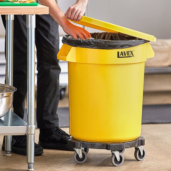 Lavex Yellow Round Commercial Trash Can with Lid and Dolly