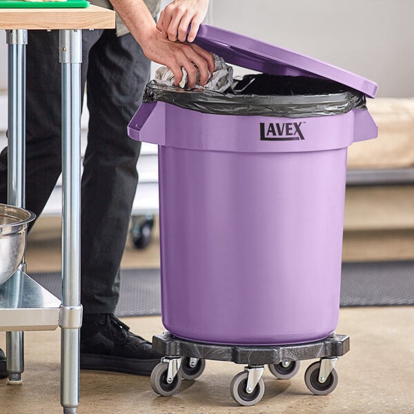 Lavex Purple Round Commercial Trash Can with Lid and Dolly