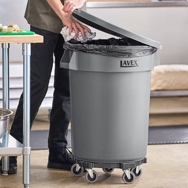 Lavex 32 Gallon Gray Round Commercial Trash Can with Lid and Dolly