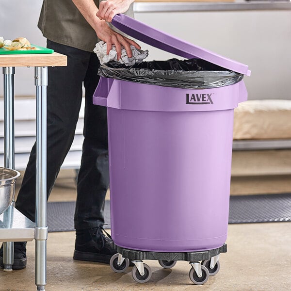 Lavex 32 Gallon Purple Round Commercial Trash Can with Lid and Dolly