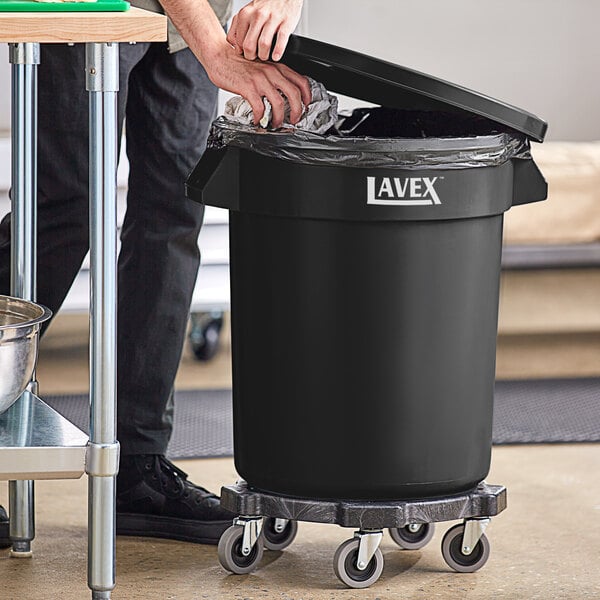 Lavex Black Round Commercial Trash Can with Lid and Dolly