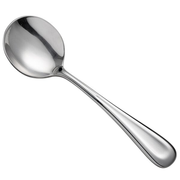A Oneida bouillon spoon with a silver handle.