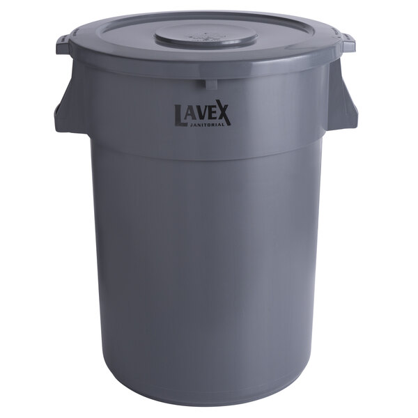 Lavex 44 Gallon Gray Round Commercial Trash Can and Lid