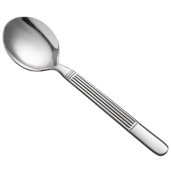A Oneida Athena stainless steel bouillon spoon with a handle.