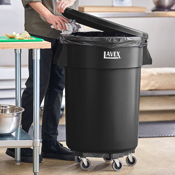 Lavex 44 Gallon Black Round Commercial Trash Can with Lid and Dolly