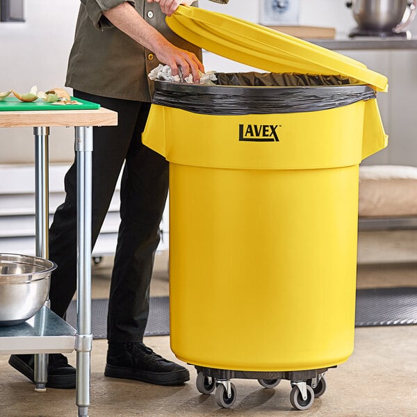 Lavex 55 Gallon Yellow Round Commercial Trash Can with Lid and Dolly