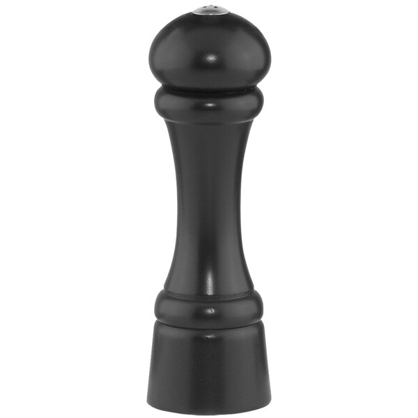 A black round salt or pepper shaker with a silver top.