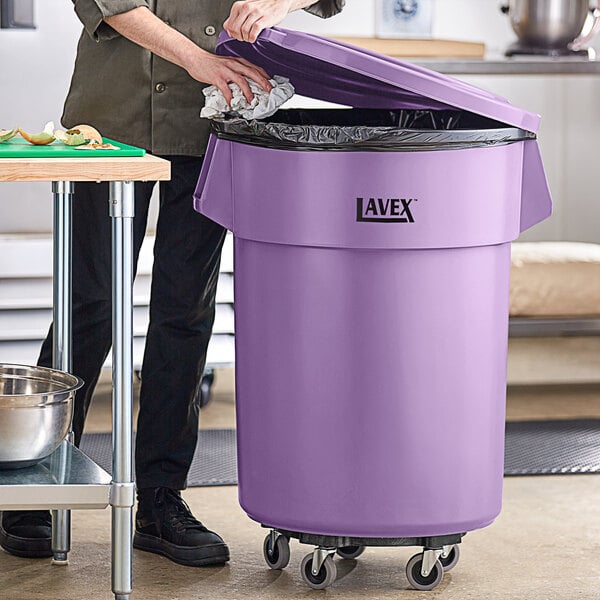 Lavex 55 Gallon Purple Round Commercial Trash Can with Lid and Dolly