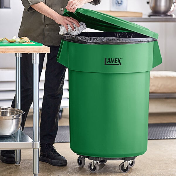 Lavex 55 Gallon Green Round Commercial Trash Can with Lid and Dolly