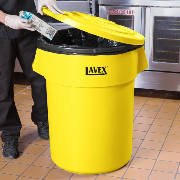 Lavex 55 Gallon Yellow Round Commercial Trash Can and Lid
