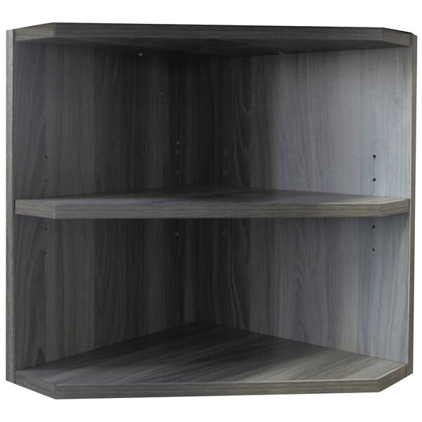 A gray steel corner hutch support with two open shelves.