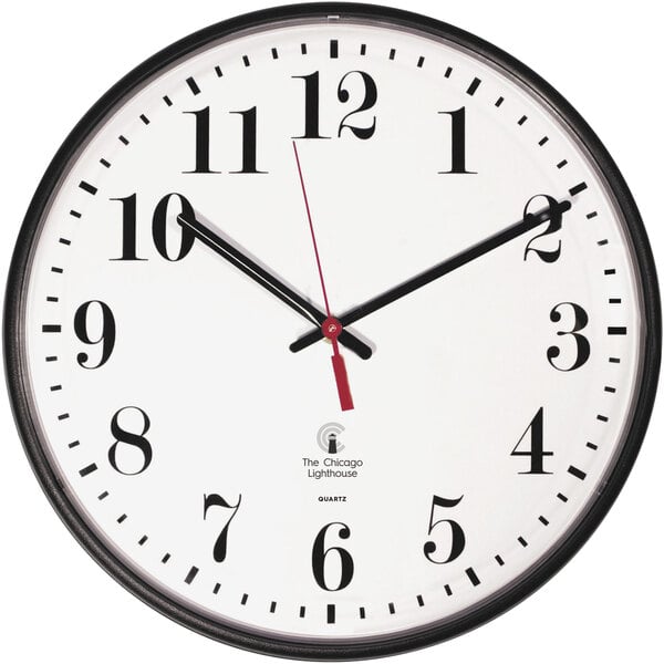 A white clock with black numbers and red second hand.