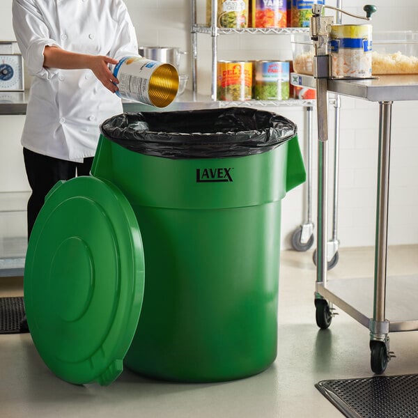 Lavex 55 Gallon Green Round Commercial Trash Can and Lid