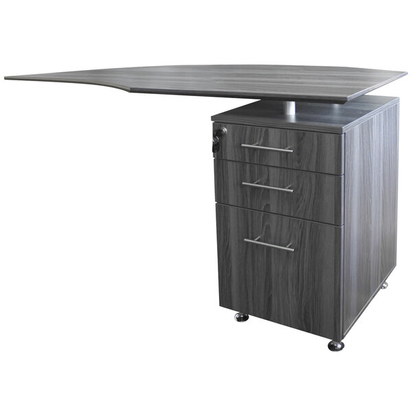A Safco Medina curved right return desk with a grey surface.