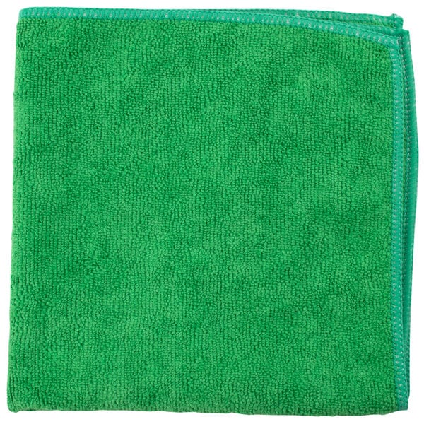 A green microfiber cloth with a white edge.