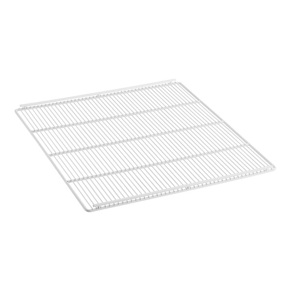 A white wire rack with a metal grid.