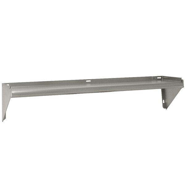 An Advance Tabco aluminum wall shelf with metal brackets.