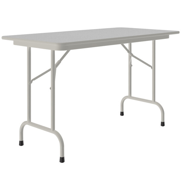 A rectangular gray melamine Correll folding table with a gray metal frame.