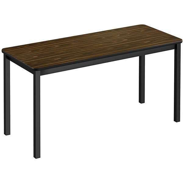 A Correll rectangular lab table with black legs and a walnut top.