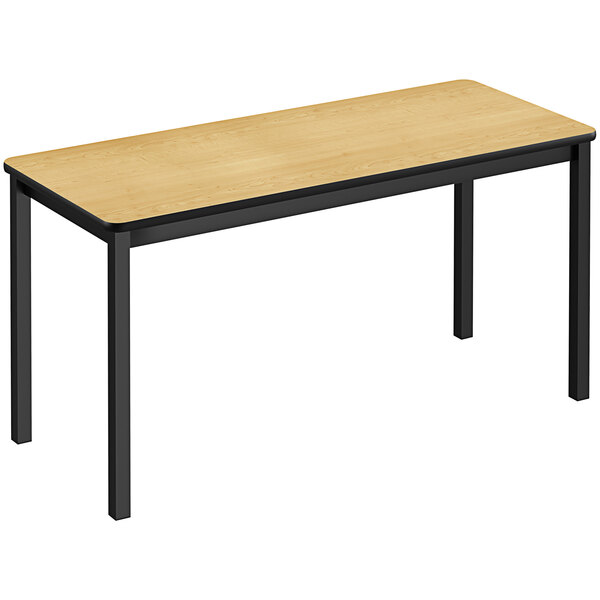 A Correll rectangular lab table with black legs and a wood top.