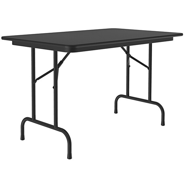 A black rectangular Correll folding table with a metal frame.