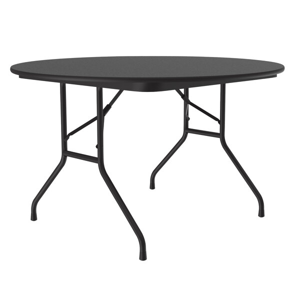 A Correll round black granite folding table with black legs.