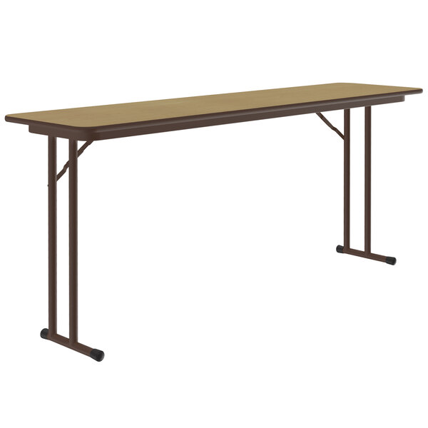 A rectangular Correll seminar table with off-set metal legs and a brown fusion maple top.