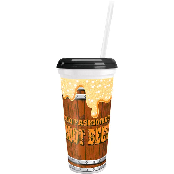 A 32 oz. plastic souvenir cup with a straw and "Old Fashioned Root Beer" design on it.